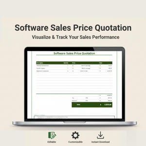 Pode incluir: Um laptop exibe um modelo de "Cotação de Preço de Venda de Software". A tela mostra uma planilha verde e branca com colunas para descrição, quantidade, preço e total. O texto na parte superior diz "Visualize e acompanhe o desempenho de suas vendas."