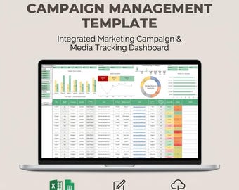 May include: A laptop screen shows a campaign management template with data visualizations and charts. The dashboard is for integrated marketing campaigns and media tracking. The screen text includes "Media Source Analysis." Icons indicate Excel & Google Sheets, a fully editable template, and instant download.