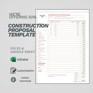 以下が含まれることがあります： 「CONSTRUCTION PROPOSAL TEMPLATE」のテキストが入った建設提案テンプレート。テンプレートはExcelとGoogle Sheetsで編集可能です。画像には「WE'RE OFFERING 50%」、「カスタマイズ」、「即時ダウンロード」のテキストも含まれています。
