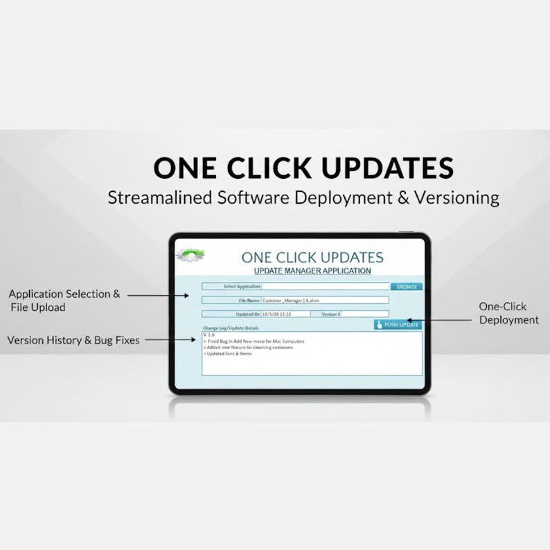 May include: A digital tablet shows the text "ONE CLICK UPDATES" and "Streamlined Software Deployment & Versioning." The screen displays an application interface with options for file upload, version history, and one-click deployment.