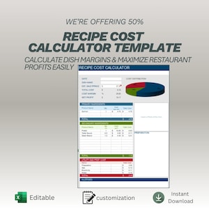 May include: A digital recipe cost calculator template with a spreadsheet layout. The template includes sections for dish name, cost, and profit calculations. Text on the image reads "Recipe Cost Calculator Template" and "Calculate dish margins & maximize restaurant profits easily."