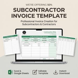 May include: A digital subcontractor invoice template displayed on a laptop screen, featuring green and white sections for item management and client details. The text includes "Subcontractor Invoice," "Item Management," and "Client Management."