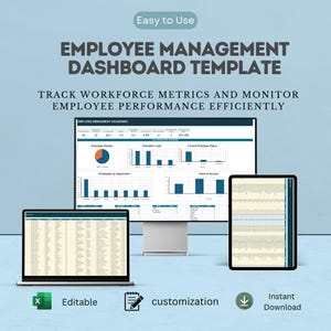 May include: An employee management dashboard template displayed on a computer monitor, a laptop, and a tablet. The screen shows charts, graphs, and data tables with the text "Easy to Use," "Employee Management Dashboard Template," and "Track Workforce Metrics."