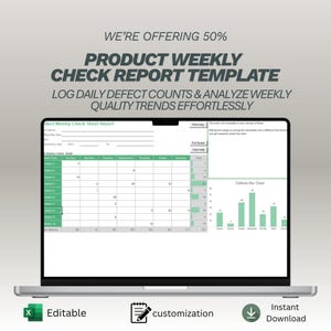 May include: A laptop displays a product weekly check report template. The screen shows a spreadsheet with data entry fields and a bar chart. Text on the screen reads "Log daily defect counts & analyze weekly quality trends effortlessly." Icons indicate editability, customization, and instant download.