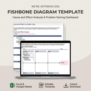 May include: A laptop displaying a fishbone diagram template for cause and effect analysis. The screen shows a diagram with categories like Equipment, Process, and People. The image also includes text: "Excel & Google Sheets", "Editable Template", and "Instant Download".