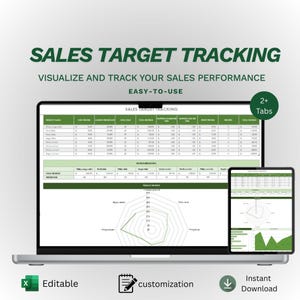 May include: A laptop and tablet displaying a sales target tracking spreadsheet. The screen shows data tables and a radar chart. Text includes "SALES TARGET TRACKING", "VISUALIZE AND TRACK YOUR SALES PERFORMANCE", and "EASY-TO-USE". Icons indicate editability, customization, and instant download.