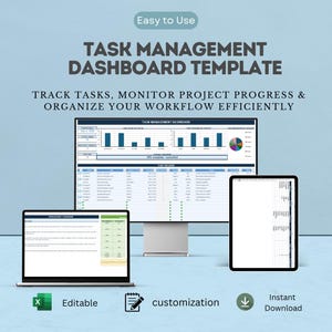 May include: A digital task management dashboard template displayed on a desktop monitor, a laptop, and a tablet. The screen shows charts, graphs, and a task tracker spreadsheet. Text includes "TASK MANAGEMENT DASHBOARD TEMPLATE" and "Easy to Use".