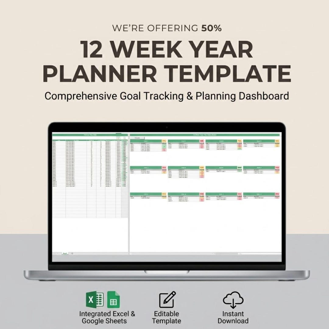 12 Week Year Planner Template | Goal Tracking Dashboard | Productivity ...