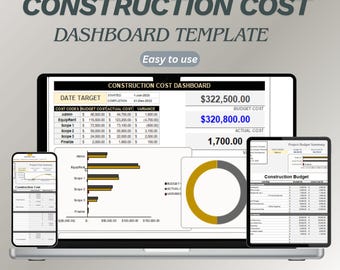 Plantilla de panel de costos de construcción para Excel, Hojas de cálculo de Google y Herramienta de seguimiento de presupuestos, gastos y costos de proyectos