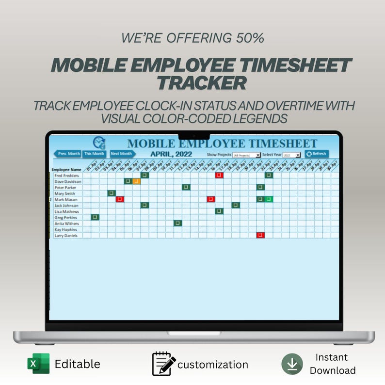 Timesheet Code Legend Employee Timesheet & Attendance Tracker | Staff Shift Log Overtime ...