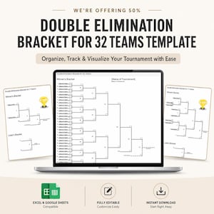May include: A digital template for a double elimination bracket for 32 teams displayed on a laptop screen, with smaller bracket examples for 3 and 11 teams on the sides. Icons for Excel, Google Sheets, editing, and downloading are at the bottom.