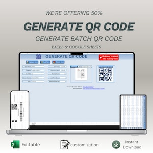 Może przedstawiać: Laptop wyświetla interfejs generowania kodów QR z tekstem "GENERATE QR CODE" i "GENERATE BATCH QR CODE". Smartfon i tablet pokazują wygenerowane kody QR. Ikony wskazują "Edytowalny", "dostosowywanie" i "Natychmiastowe pobieranie".