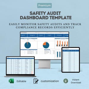 Peut inclure: Un modèle de tableau de bord d'audit de sécurité numérique affiché sur un écran d'ordinateur, un ordinateur portable et une tablette. L'écran présente des graphiques, des tableaux et le texte : Premium, Safety Audit Dashboard Template, Easily monitor safety audits and track compliance records efficiently.