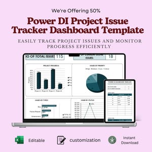 Op de afbeelding: Een laptop en tablet tonen een Power BI Project Issue Tracker Dashboard-sjabloon met grafieken en tabellen. De tekst luidt: We're Offering 50% Power BI Project Issue Tracker Dashboard Template. EASILY TRACK PROJECT ISSUES AND MONITOR PROGRESS EFFICIENTLY.