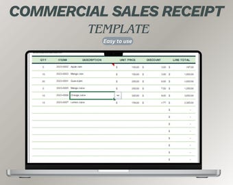 Commercial Sales Receipt Template for Excel & Google Sheets | Business Payment Receipt Invoice Record