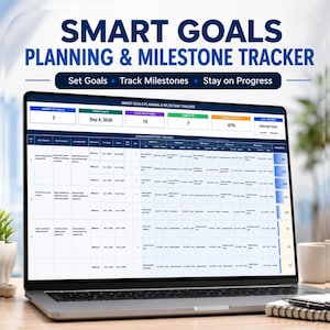 May include: A laptop screen displaying a SMART GOALS PLANNING & MILESTONE TRACKER spreadsheet. The interface includes sections for goal numbers, dates, total milestones, completed tasks, and overall progress percentages in a structured table format.