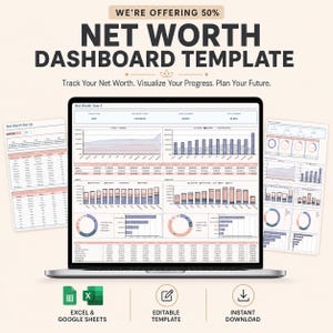 Pode incluir: Um modelo digital de painel de patrimônio líquido exibido em uma tela de laptop com dois painéis laterais mostrando gráficos e tabelas financeiras. O texto inclui "NET WORTH DASHBOARD TEMPLATE" e "EXCEL & GOOGLE SHEETS".