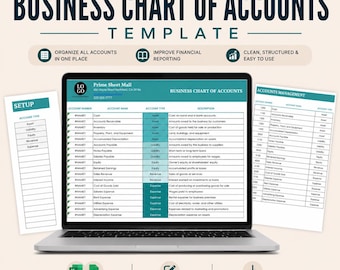 Puede incluir: Un ordenador portátil que muestra una plantilla de plan contable empresarial con columnas para número de cuenta, nombre, tipo y descripción. Dos páginas impresas muestran detalles de configuración y gestión.