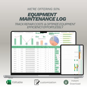 Equipment Maintenance Log Template | Preventive Repair Tracker | Asset Management Spreadsheet | Facilities Operations Dashboard Excel
