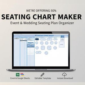 Könnte beinhalten: Ein Laptop zeigt ein Sitzplan-Layout mit dem Text "SEATING CHART MAKER". Der Bildschirm zeigt eine Hochzeitsbestuhlung mit Tischarrangements. Unter dem Laptop befinden sich Symbole für Excel & Google Sheets, eine editierbare Vorlage und sofortiger Download.