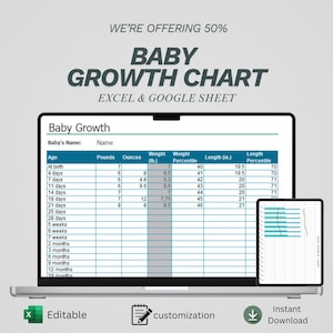 May include: A laptop and tablet display a baby growth chart in a spreadsheet format. The chart includes columns for age, weight in pounds and ounces, and length in inches. The text "BABY GROWTH CHART" is displayed at the top.