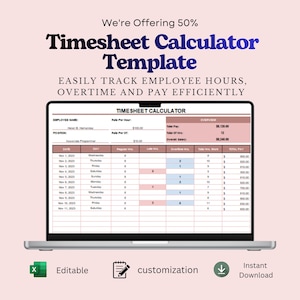 Pode incluir: Um modelo digital de calculadora de folha de ponto exibido na tela de um laptop. A planilha inclui colunas para data, dia, horas regulares, horas de atraso, horas extras, total de horas trabalhadas e pagamento total.