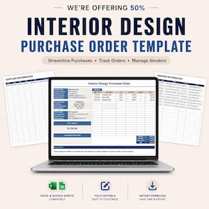 Puede incluir: Una plantilla digital de orden de compra para diseño de interiores en la pantalla de una computadora portátil, flanqueada por hojas de información de proveedores. El documento incluye campos para códigos, descripciones y totales.