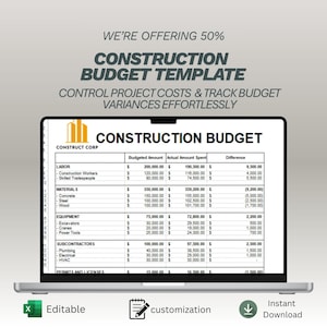 Op de afbeelding: Een laptop toont een sjabloon voor een bouwbudget met financiële gegevens. Het scherm toont een spreadsheet met categorieën zoals arbeid, materialen en apparatuur, samen met gebudgetteerde en werkelijke bedragen. De tekst bovenaan luidt "Construction Budget Template".