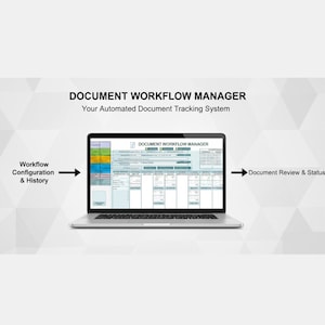 Puede incluir: Un port&aacute;til plateado muestra una interfaz de gesti&oacute;n de documentos. La pantalla muestra un dise&ntilde;o complejo con varios campos de datos y un encabezado que dice "DOCUMENT WORKFLOW MANAGER". El texto incluye "Workflow Configuration & History" y "Document Review & Status".