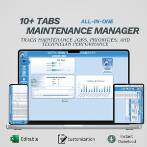 以下が含まれることがあります： ラップトップ、スマートフォン、タブレットにメンテナンスマネージャーのダッシュボードが表示されています。画面には、ジョブの優先順位、技術者のパフォーマンス、注文ステータスが表示されます。テキストには「10+タブ」、「オールインワン」が含まれています。アイコンは、編集可能性、カスタマイズ、即時ダウンロードを示しています。