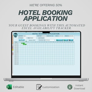 Puede incluir: Un portátil que muestra una aplicación de reserva de hotel. La pantalla muestra una cuadrícula de disponibilidad de habitaciones, con el texto "HOTEL BOOKING APPLICATION" en la parte superior. El texto adicional incluye "WE'RE OFFERING 50%" y "YOUR GUEST BOOKINGS WITH THIS AUTOMATED EXCEL AVAILABILITY TRACKER."