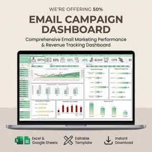 May include: A laptop displays an email campaign dashboard with data visualizations. The screen shows metrics like delivery rate, open rate, and revenue. Text at the top reads "EMAIL CAMPAIGN DASHBOARD." Icons indicate Excel & Google Sheets, editable template, and instant download.