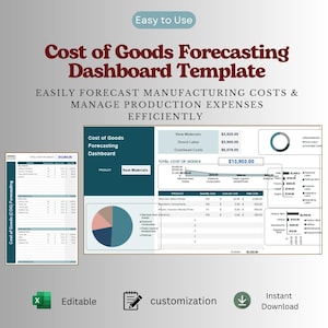 May include: A digital Cost of Goods Forecasting Dashboard template featuring data tables, pie charts, and bar graphs. The layout includes text labels such as Cost of Goods Forecasting Dashboard Template, Easily Forecast Manufacturing Costs, and Manage Production Expenses Efficiently.