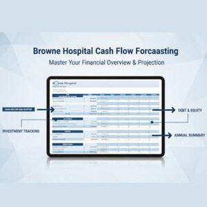 May include: A digital tablet displaying a financial spreadsheet titled "Browne Hospital Cash Flow Forcaasting." The screen shows data tables with labels like "Investment Tracking," "Debt & Equity," and "Annual Summary." The text "Master Your Financial Overview & Projection" is above the tablet.