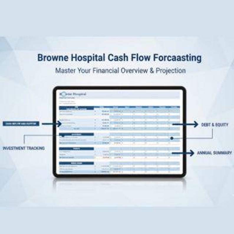 May include: A digital tablet displaying a financial spreadsheet titled "Browne Hospital Cash Flow Forcaasting." The screen shows data tables with labels like "Investment Tracking," "Debt & Equity," and "Annual Summary." The text "Master Your Financial Overview & Projection" is above the tablet.