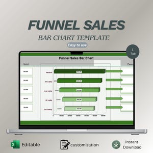May include: A laptop screen shows a "Funnel Sales Bar Chart Template" with green bar graphs illustrating sales data for various laptop brands. The screen also displays the text "Easy to use", "Editable", "customization", and "Instant Download".