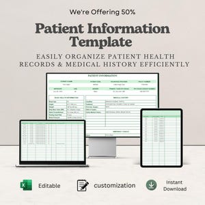 May include: A digital patient information template displayed on a computer monitor, a laptop, and a tablet. The document features sections for patient name, medical history, and emergency contact details with green headers and black text.
