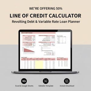 Puede incluir: Un ordenador portátil muestra una hoja de cálculo titulada "Line of Credit Calculator". La pantalla muestra tablas de datos y gráficos en rosa, blanco y amarillo. Debajo del portátil hay iconos para Excel & Google Sheets, Plantilla editable y Descarga instantánea.