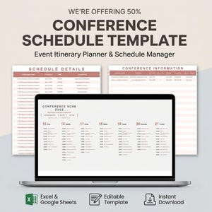 May include: A laptop displaying a conference schedule template with the text "CONFERENCE SCHEDULE TEMPLATE". The image includes schedule details, conference information, and icons for Excel, editable templates, and instant download.