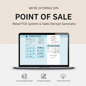 Könnte beinhalten: Ein Laptop zeigt eine Point-of-Sale (POS)-Oberfläche mit numerischer Tastatur und Rechnungsvorschau. Der Bildschirm zeigt den Text "POINT OF SALE" und "Retail POS System & Sales Receipt Generator". Symbole für Excel, editierbare Vorlagen und Sofort-Download befinden sich unten.