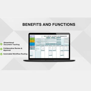 Puede incluir: Un port&aacute;til negro muestra una interfaz de gesti&oacute;n de documentos. La pantalla muestra un dise&ntilde;o detallado con varios campos de datos. El texto "BENEFITS AND FUNCTIONS" est&aacute; en la parte superior. Las caracter&iacute;sticas incluyen: Seguimiento de documentos, revisi&oacute;n y aprobaci&oacute;n colaborativas y enrutamiento automatizado.