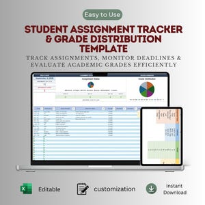 May include: A digital student assignment tracker and grade distribution template displayed on a laptop and tablet screen. The interface features charts, status tables, and academic data fields with the text Student Assignment Tracker & Grade Distribution Template.