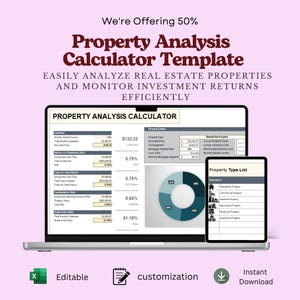 May include: A digital property analysis calculator template displayed on a laptop and tablet screen. The interface features financial data fields, a pie chart, and a property type list. Text includes Property Analysis Calculator and Property Type List.