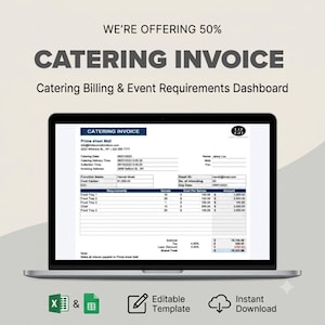 Op de afbeelding: Een laptopscherm met een digitale factuursjabloon voor catering, inclusief velden voor evenementvereisten, factuurgegevens en een kostenoverzicht. Het document bevat koppen voor cateringdatum, levertijd en een tabel voor voedsel.