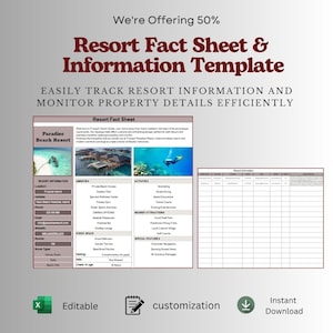 May include: A digital resort fact sheet and information template featuring the text We're Offering 50% Resort Fact Sheet & Information Template. The document includes sections for resort details, amenities, activities, and a grid for tracking data.
