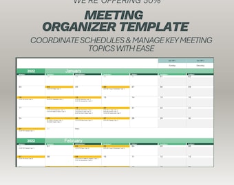 Spreadsheet voor maandelijkse vergadering organisator | Jaarlijkse evenementenplanner en zakelijke afsprakenplanner | Teamagenda-tracker | Excel-sjabloon