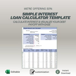 Puede incluir: Una plantilla digital para una calculadora de préstamos de interés simple. La hoja de cálculo incluye secciones para información del préstamo, tablas de amortización y detalles de pago. El texto de la imagen dice "SIMPLE INTEREST LOAN CALCULATOR TEMPLATE".