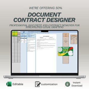 May include: A laptop screen showing a document with the text "LEASE AGREEMENT." The screen also displays the text "WE'RE OFFERING 50% DOCUMENT CONTRACT DESIGNER." Icons indicate the document is editable, customizable, and available for instant download.