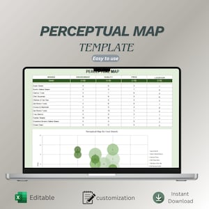May include: A laptop displays a "Perceptual Map Template" with data tables and a bubble chart. The screen shows the words "Easy to use". Icons for "Editable", "Customization", and "Instant Download" are at the bottom.