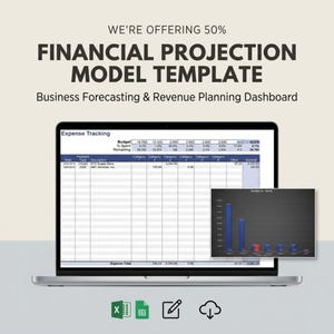 May include: A laptop displaying a financial projection model template. The screen shows an expense tracking spreadsheet and a bar graph. Text on the screen reads "FINANCIAL PROJECTION MODEL TEMPLATE" and "Business Forecasting & Revenue Planning Dashboard."